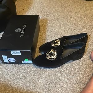 Black and gold Versace closed toe slippers (Velvet material) Worn 3x